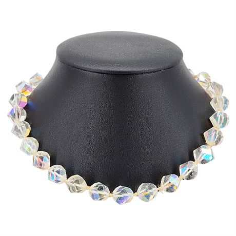 Vintage Chunky Hand Knotted Faceted Aurora Borealis Crystal Bead Necklace