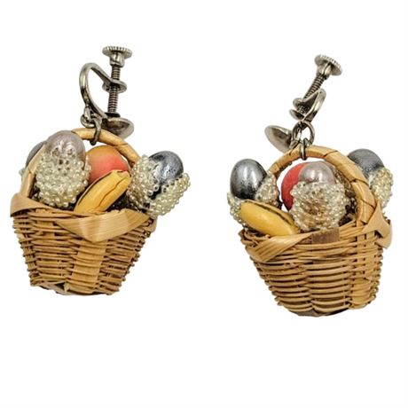 Kitschy Vintage Fruit Basket Screw-Back Earrings