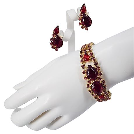 Red & Pink Rhinestone Bracelet & Clip Earrings Set