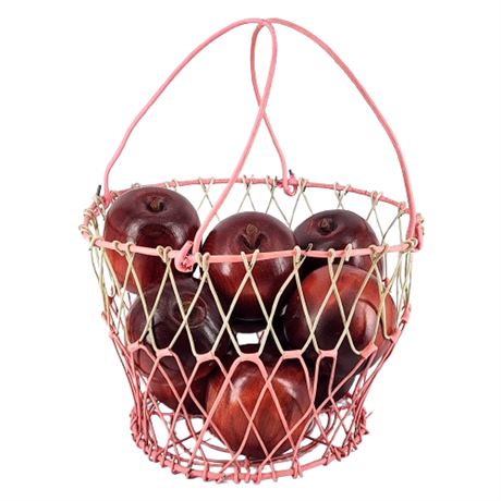Decorative Wooden Apples in Vintage Pink Wire Egg Basket