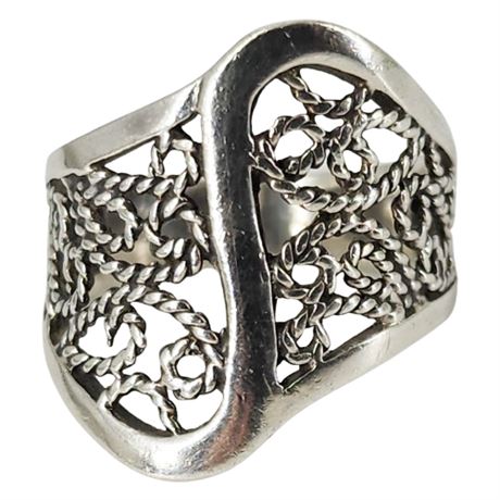 Sterling Silver Wide Filigree Ring, Sz 7