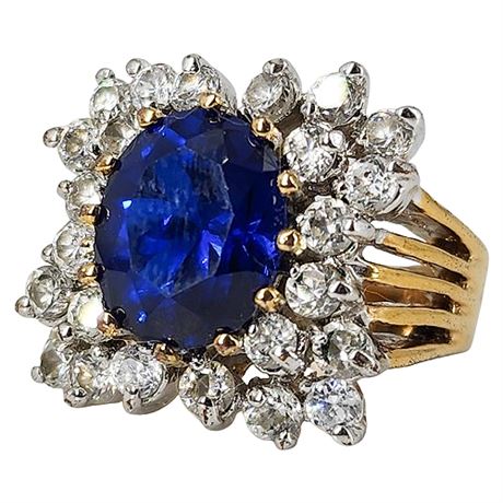 Vintage Crystal & Blue Spinel Cocktail Ring, Sz 7