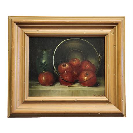 Vintage Signed Apples Still Life Original Oil on Canvas Painting