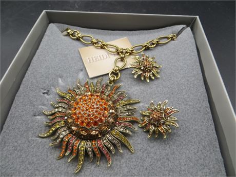 Heidi Daus Orange Starburst Necklace & Earrings NIB