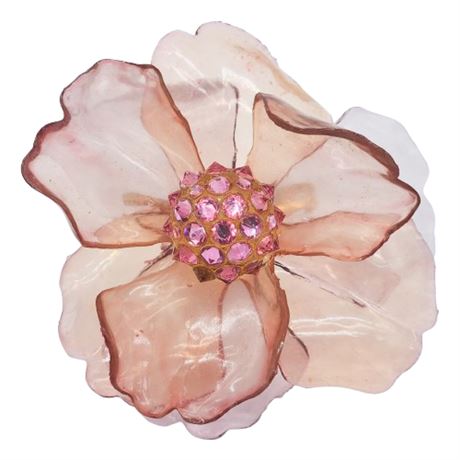 Large Vintage Pink Cellulose & Rhinestone Peony Brooch