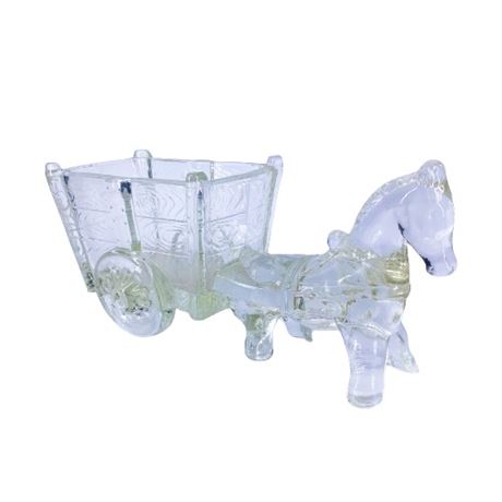 Vintage Clear Textured Pressed Glass Horse Drawn Cart Candy Dish