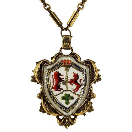Vintage Reverse Painted Heraldic Coat of Arms Pendant Necklace