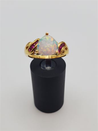Sterling Vermeil Opal and Pink Crystal Ring 3.3 Grams (size 8.25)
