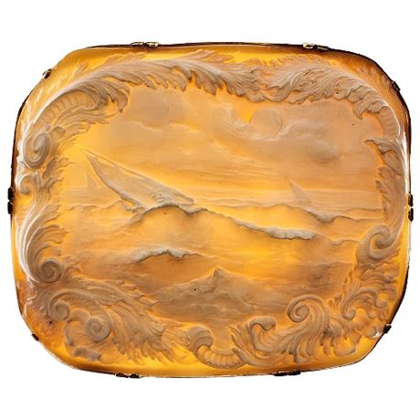 HUGE Victorian 14K Gold High Relief Carved Shell Sailboat Seascape Cameo Brooch