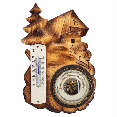Vintage Black Forest Carved Wood Weather Station, Damaged Thermometer