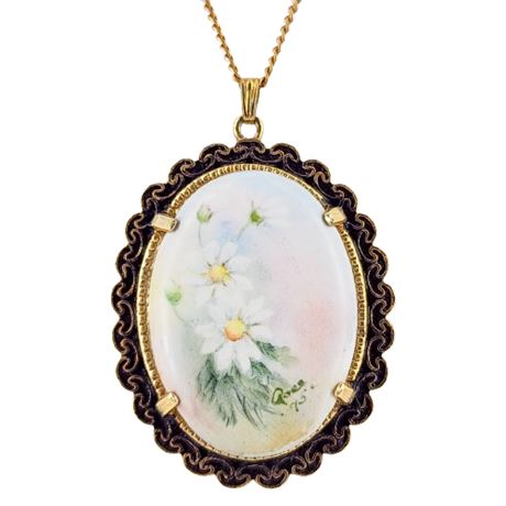 Signed Vintage Hand Painted Floral Porcelain Pendant Necklace