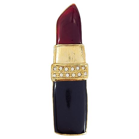 Vintage Enamel & Rhinestone Life-Size Lipstick Brooch