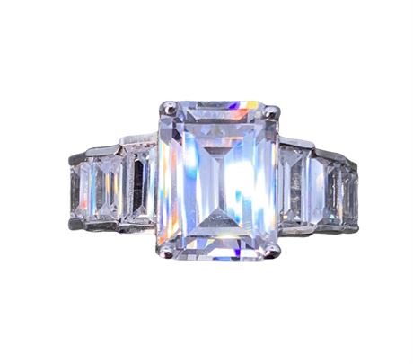 NEW 9.55 CTW Sterling Silver Simulated Emerald Cut Diamond Ring