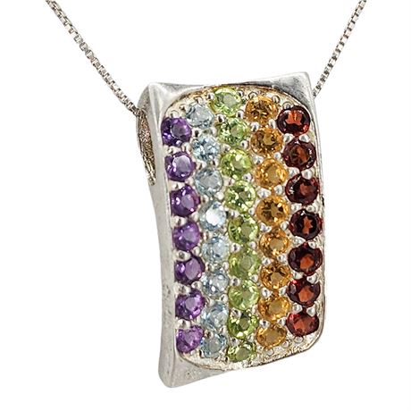 Sterling Silver Multi-Gemstone Rainbow Flag Pendant Necklace