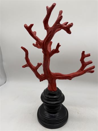 Vintage Red Coral Branch Sculpture Mounted on a Circular Black Tiered Stand