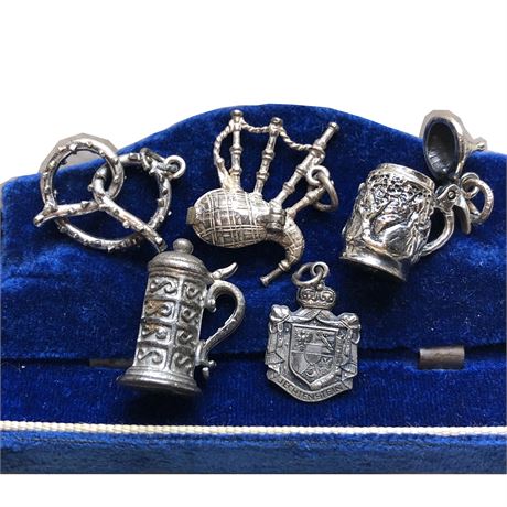 Vintage Sterling Silver Charm Lot -  Steins, Bavarian Pretzel, Bagpipes, 800 Lie