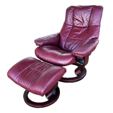 Modern Ekornes Stressless Mayfair "Burgundy" Leather Swivel Recliner & Ottoman