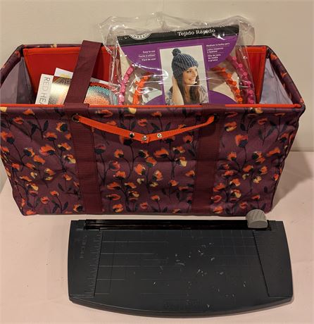 Lot sewing, crochet items, cutting board, w/storage container