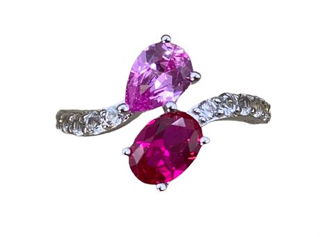 NEW 1.8 CTW Pink Sapphire & Ruby Sterling Silver Bypass Ring