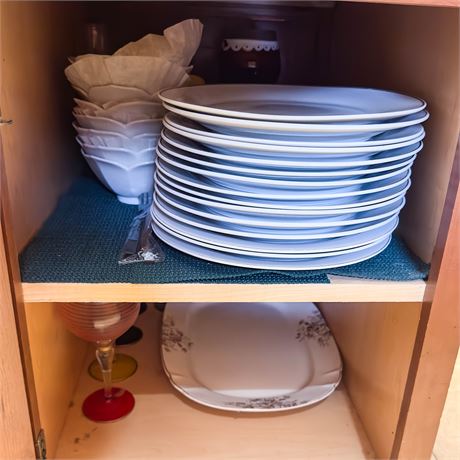 Kitchen Cupboard Lot: Plates & Misc