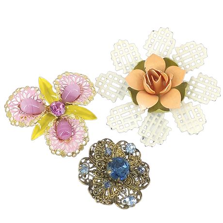Vintage Floral Brooches - Filigree and Rhinestone Details, Lot of 3