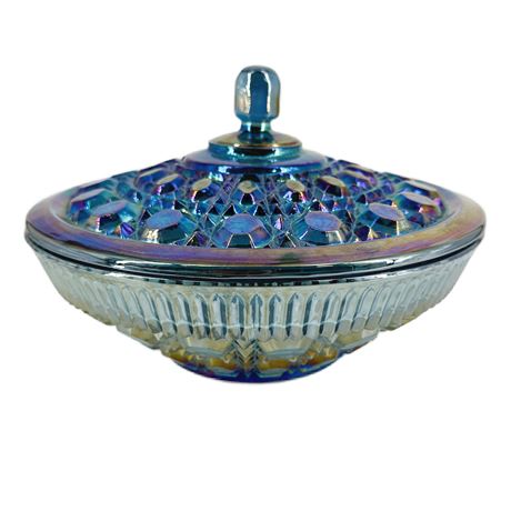 Vintage Indiana Carnival Glass “Windsor” Iridescent Blue Covered Candy Dish