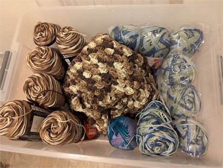 Lot Yarn Brown, Blue Green, & Blanket Started + Storage Container