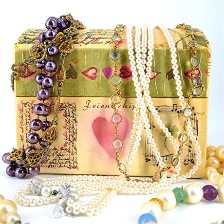 Vintage Costume Jewelry Lot with Decorative Keepsake Jewelry Box