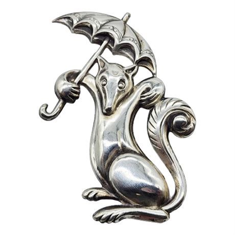Vintage Unsigned TRUART Sterling Silver Repoussé Fox & Umbrella Brooch