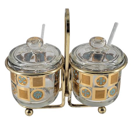 MCM Jeanette Glass Turquoise & Gold Condiment Set w/ Spoons in Caddy