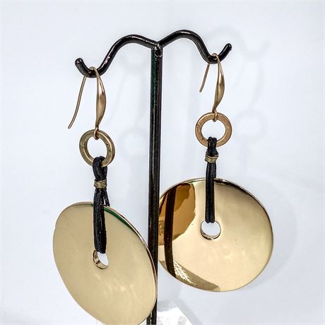 RLM SOHO Gold-Tone Disc Drop Earrings – Designer Signed, Leather Cord Detail