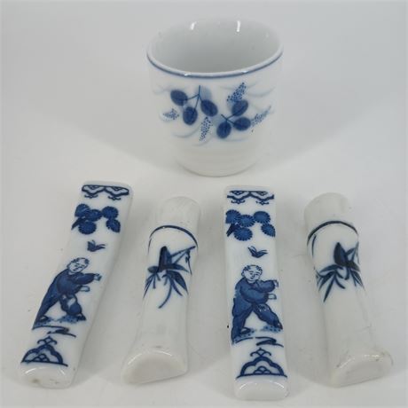 Chinese Blue and White Chopstick Rests and Cup, Porcelain