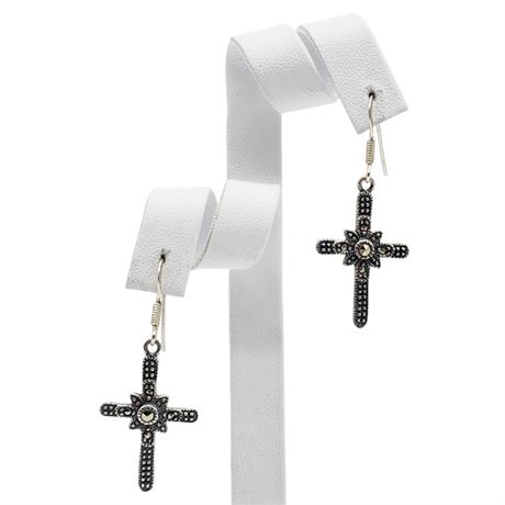 Signed FAS Sterling Silver Marcasite Cross Earrings