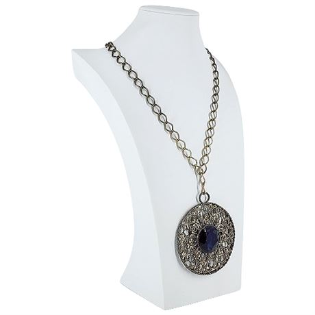 Vintage Massive Silver Tone Blue Crystal Medallion Necklace