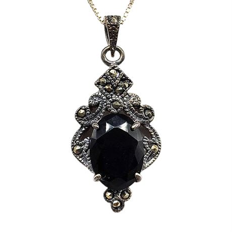 Signed Sterling Silver Marcasite/Onyx Pendant Necklace