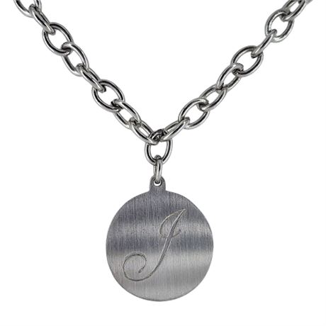 Vintage Silver Tone Engraved "J" Monogram Pendant Necklace