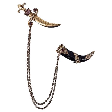 Vintage Rhinestone & Enamel Scimitar Sword & Scabbard Pin Set