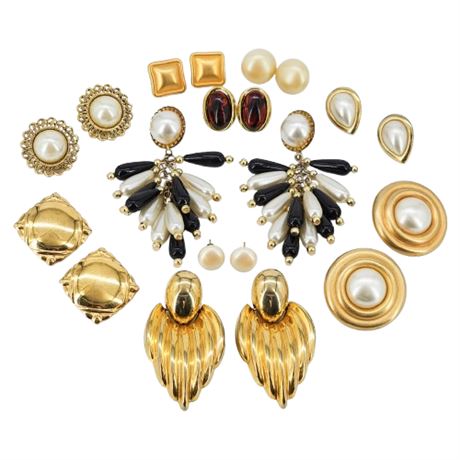 Ten Pairs Vintage Chunky Gold Tone/Faux Pearl Pierced Earrings