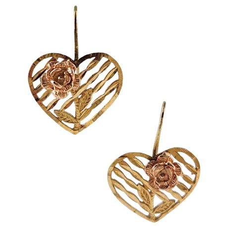Vintage 10K Yellow & Rose Gold Heart Earrings