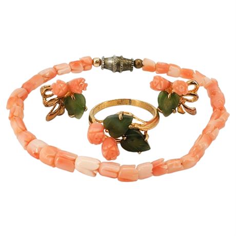 Vintage Carved Coral & Jade Flowers 3 Piece Set