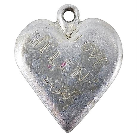 Vintage Hand-Etched "Love Helen" Aluminum Heart Pendant