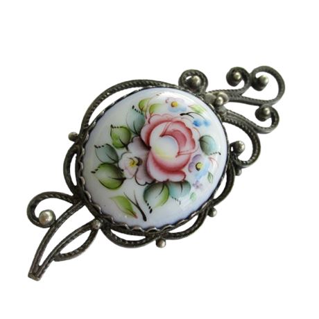 Vintage Russian Rostov Finift Floral Enamel Brooch