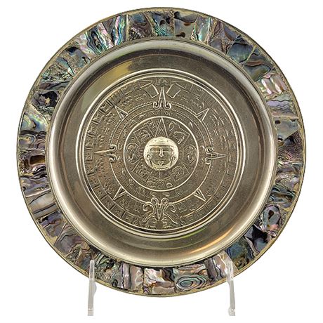 Vintage Alpaca Silver Mexico Embossed Aztec/Mayan Calendar Plate w Abalone Inlay