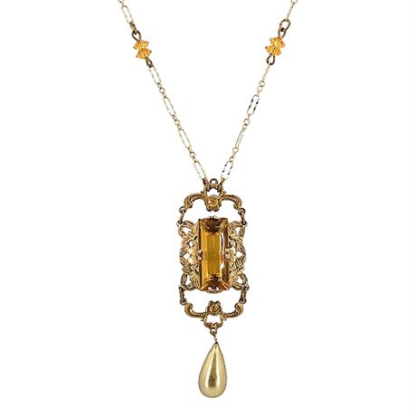 Vtg Victorian Revival Topaz Glass Pendant Drop Necklace