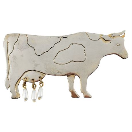 Vintage JONETTE Cow w/ Faux Pearl "Milk" Drops Brooch