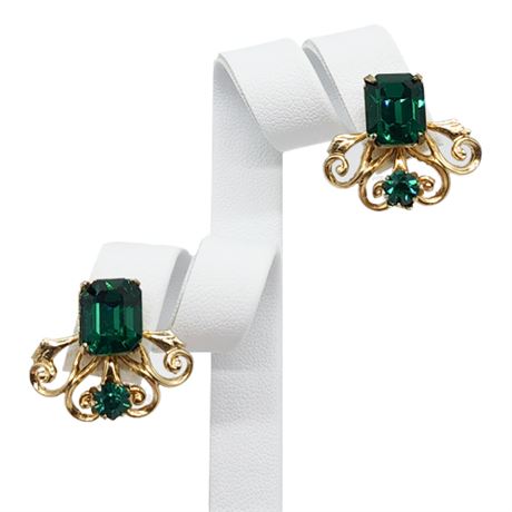 Vintage CORO Gold Tone Emerald Green Rhinestone Screwback Earrings