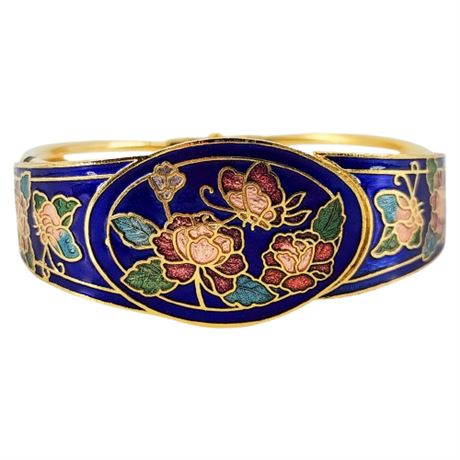 Vintage Floral Butterfly Cloisonné Enamel Clamper Bangle Bracelet