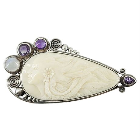 Signed SAJEN Sterling Silver Carved Bone & Gemstone Goddess Brooch/Pendant