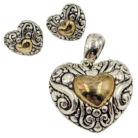 Silver and Gold Tone Heart Pendant and Earring Set