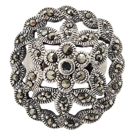 Vtg GINALD Sterling Silver Marcasite Cocktail Ring, Sz 6.5, Flawed